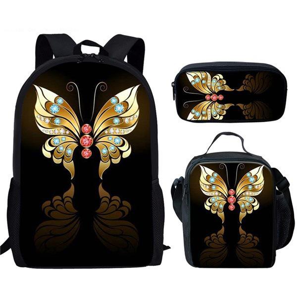 Klassiek Populair Grappig vlinder 3D Print 3 stuks/Set leerling Schooltassen Laptop Dagrugzak Rugzak Crossbody Lunchtas Etui