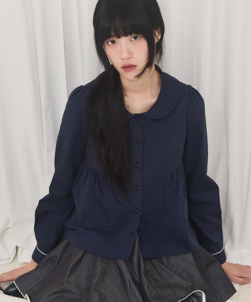 Alkialka Round Collar Shirring Blouse (Navy)