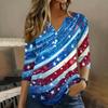 Women 3/4 Sleeve V Neck Henley Pullover Shirt American Flag Print Casual Fashion Top