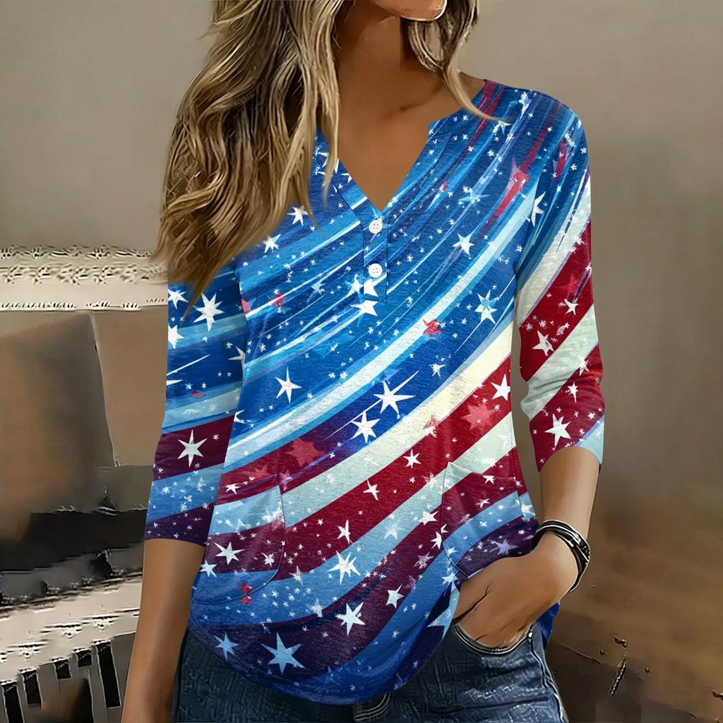 Women 3/4 Sleeve V Neck Henley Pullover Shirt American Flag Print Casual Fashion Top