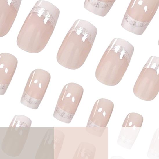 24 Nail Art Nude White Edge Double French Silver Glitter Craft Medium And Long Square Wearing Nail