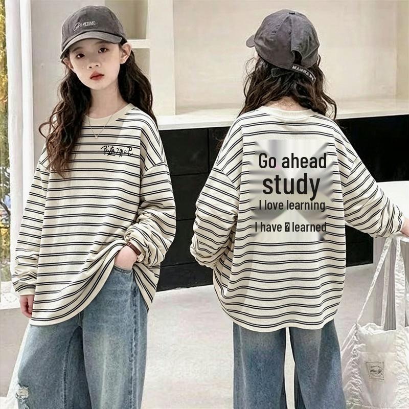 Girls' Fashionable Striped Cotton Long-Sleeve T-shirt for Ages 6-15 - Stylish Casual Patchwork Design