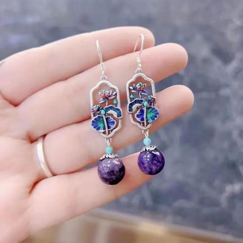 Natural Purple Dragon Crystal Earrings for Women Vintage Cloisonne Craft Enamel Colored Lotus Leaves New In Jewelry