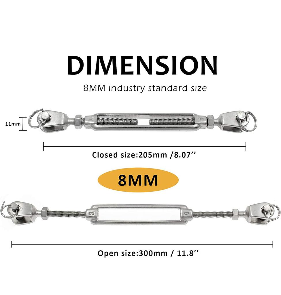 2Pcs 304 Stainless Steel Jaw and Jaw Turnbuckles M5 M6 M8 M10 M12 M14 M16 for Tensioning Cable Rope Chain