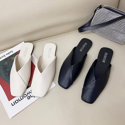 Mulas de Talla Grande para Mujer 2024 Verano Elegantes Punta Cuadrada Cerrada Zapatillas Planas Calzado Femenino Casual Cuero Negro Blanco Diapositivas Damas