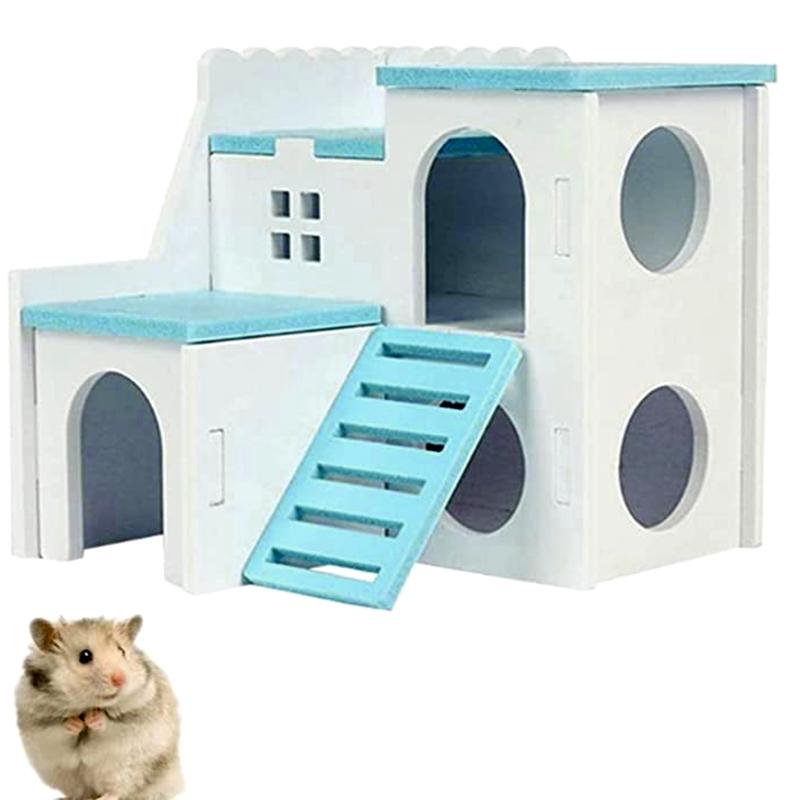 Wooden Hamster Deluxe Double Deck Villa Natural Living Hideout Hut Toy Small Animal Chew Toy for Hamster Cage