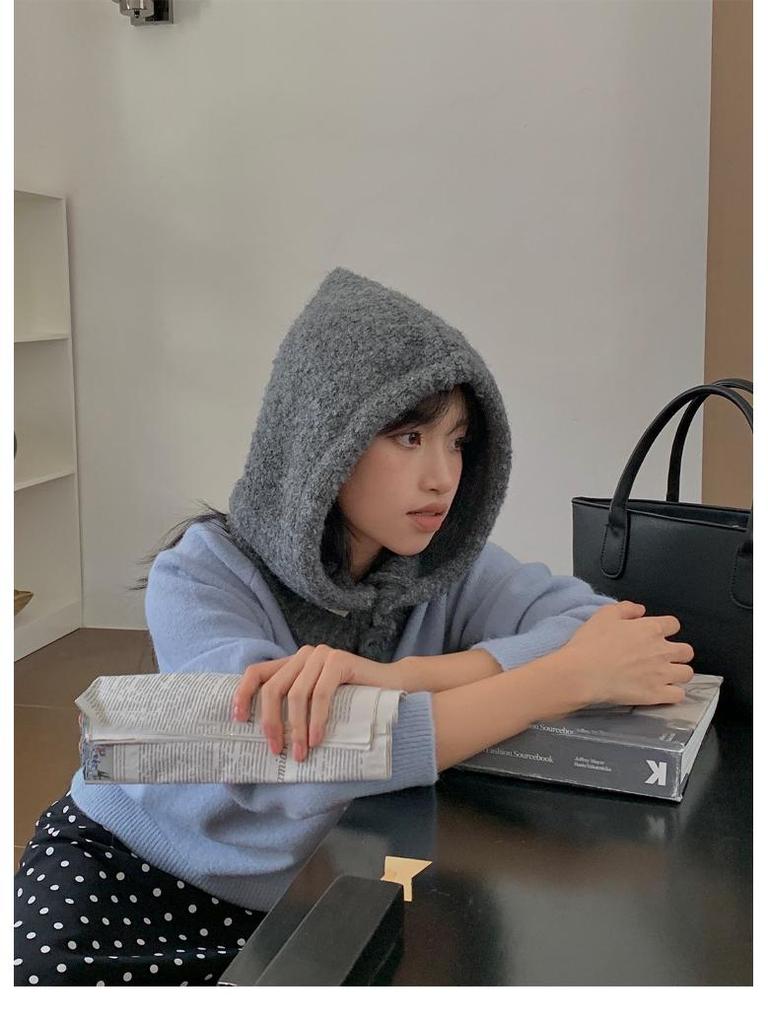 Women's Blue Knitted Wool Balaclava Scarf: Warm Ear Protection for Autumn & Winter