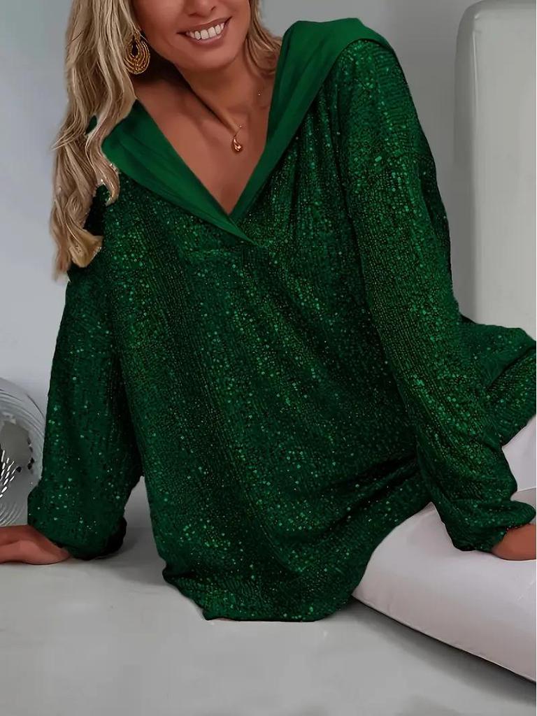Women's Elegant Sequin Beaded Loose-Fit Hooded Pullover Sweatshirt