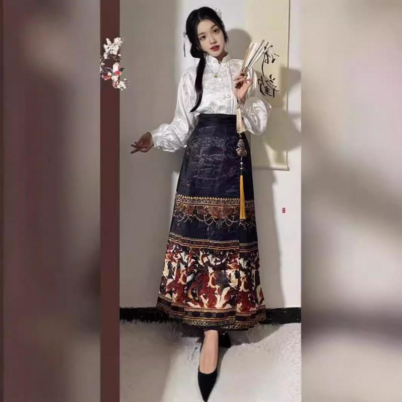 Ming Dynasty Inspired Hanfu Style Stand Collar Blouse With Jacquard Wrap Skirt Women Winter Daily Wear