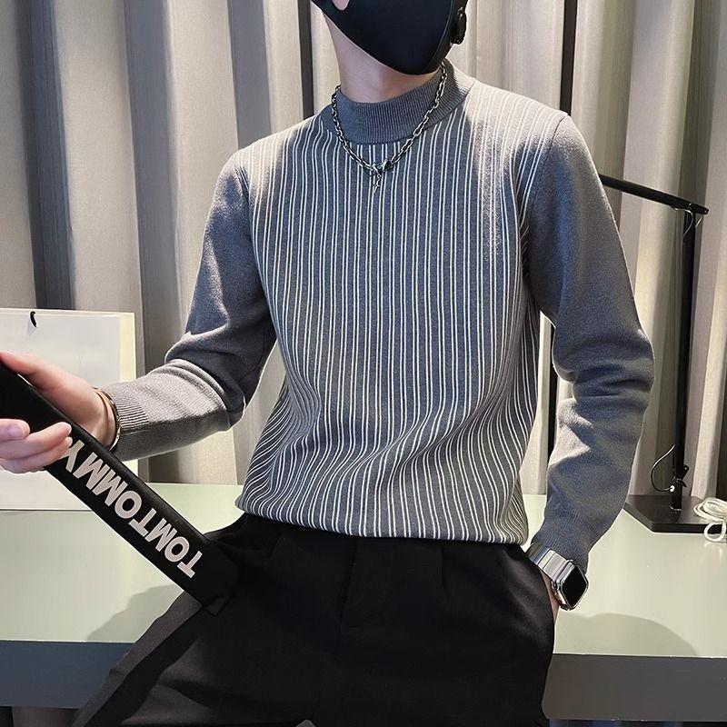 Half Turtleneck Sweater Men's Autumn Winter Striped Base Knitted Top New Men's Top Jacket