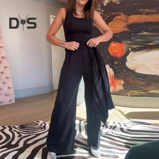 3 Pcs/Set Women Vest Coat Pants Suit Round Neck Sleeveless Solid Color Blouse Elastic Waist Wide Leg Trousers Daily Wear Sport Outfit Fall Spring