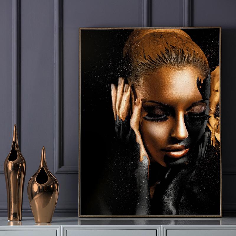 Goldenes schwarzes Leinwand-Poster, nackte afrikanische Frau, Ölgemälde, Wandkunst, Poster und Drucke, Wandbilder für Wohnzimmer, Heimdekoration