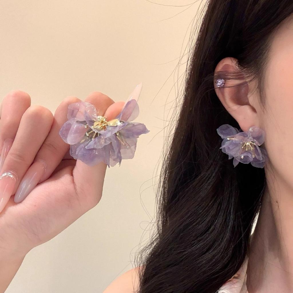 Seaside Vacation Wind Pink Purple Organza Petal Flower Earrings Women's New Temperament Stud Earrings Beautiful Earrings