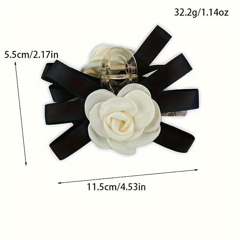 Elegant Floral Hair Claw Clip with White Camellia Flower and Black Bow - Plastic, Large Size, Birthday Festival Accessory