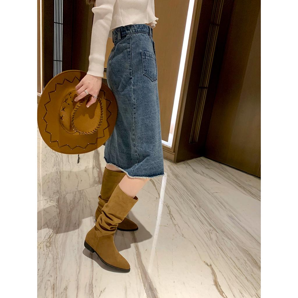 Cowhide Version Grape Mother Same Retro Pointed Head Thick Heel Western Cowboy Boots Medium Tube Thin Pile Boots Women'S Autumn And Winter