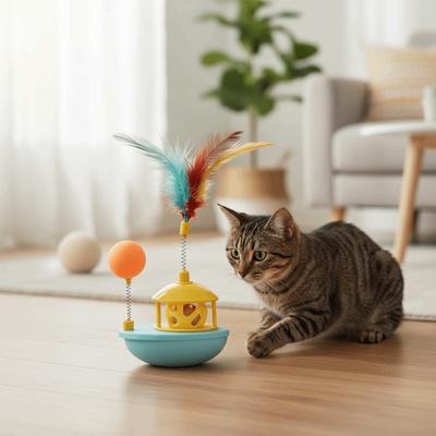 Self-Playing Cat Interactive Colorful Feather Rotating Teasing Cat Creative with Bell&Ball Wobble Tumbler Boat Relieve Boredom
