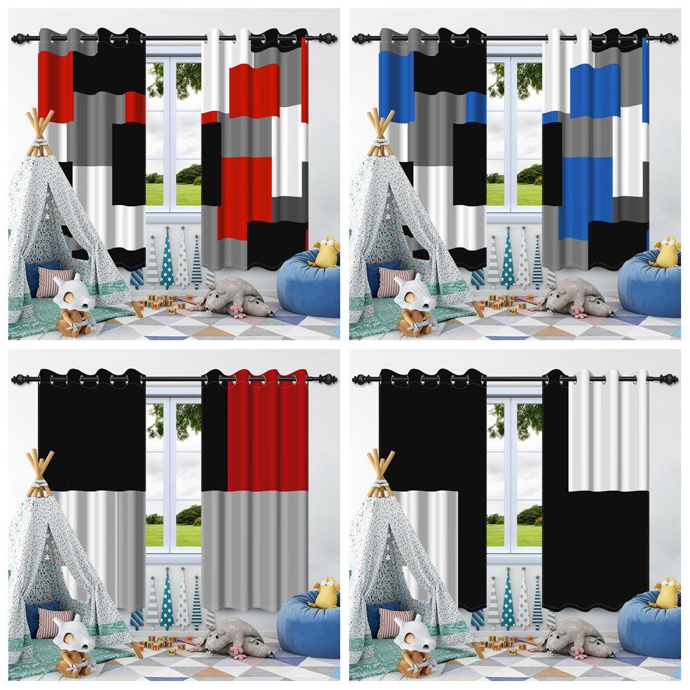 2Pcs Modern Mixed Color Geometric Pattern Blackout Curtain Bedroom Living Room Darkening Grommet Thermal Insulated Window Drapes