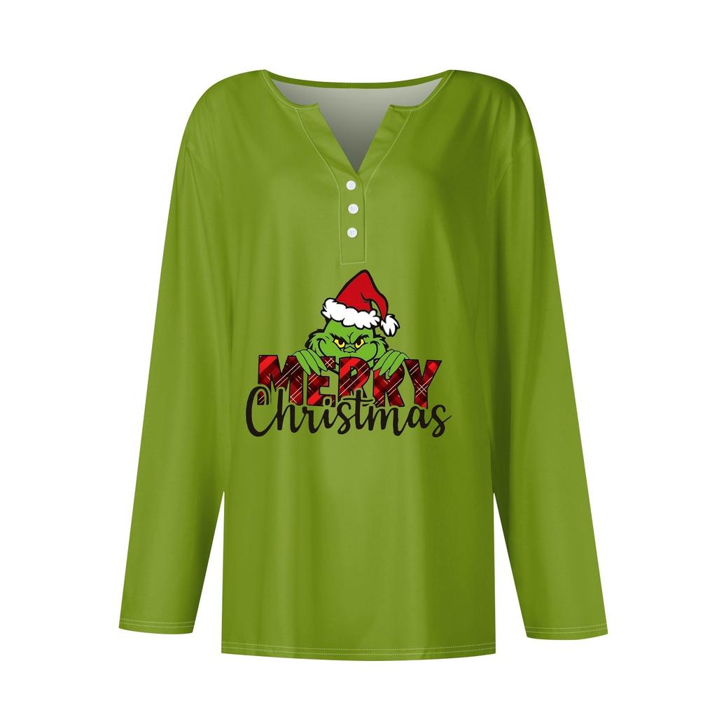 Dámské tričko s vánočním potiskem, knoflíky, dlouhým rukávem, pro každodenní nošení i víkendovou módu, základní střih s výstřihem do V, běžný top