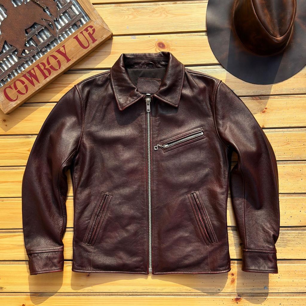 American retro tea heart cowhide heavy washed old leather jacket short tooling locomotive leather jacket men's coat