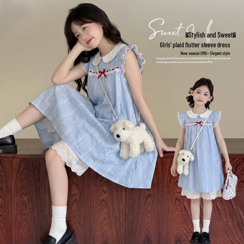 Summer 2026 Stylish Plaid Dress: Girls Puff Sleeve & Doll Collar 130 cm