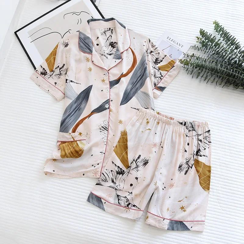 Spring and Autumn Ladies Cute Cartoon Floral Viscose Fiber Pajamas Two-piece Long-sleeved Home Service Cotton Summer Thin Shorts