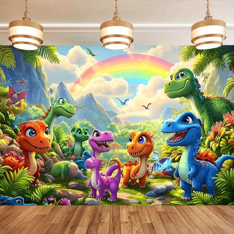 

Polyester Cartoon Dinosaur Backdrop, Rainbow Jungle Kids Party Background Banner for Birthday & Baby Shower 47.2x31.5inch/120*80cm