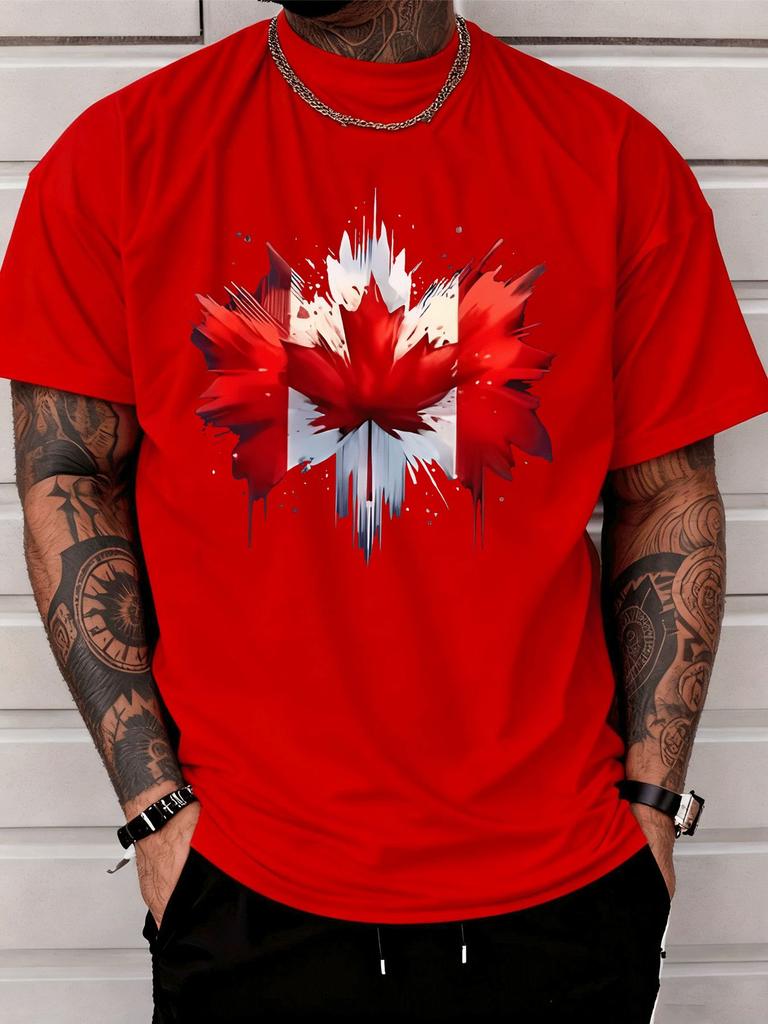 Black Unisexs Tee Canada Maple Leaf Splash Print Crew Neck Cotton Short Sleeve Patriotic Male Street Summer Soft Daily Casual Wear