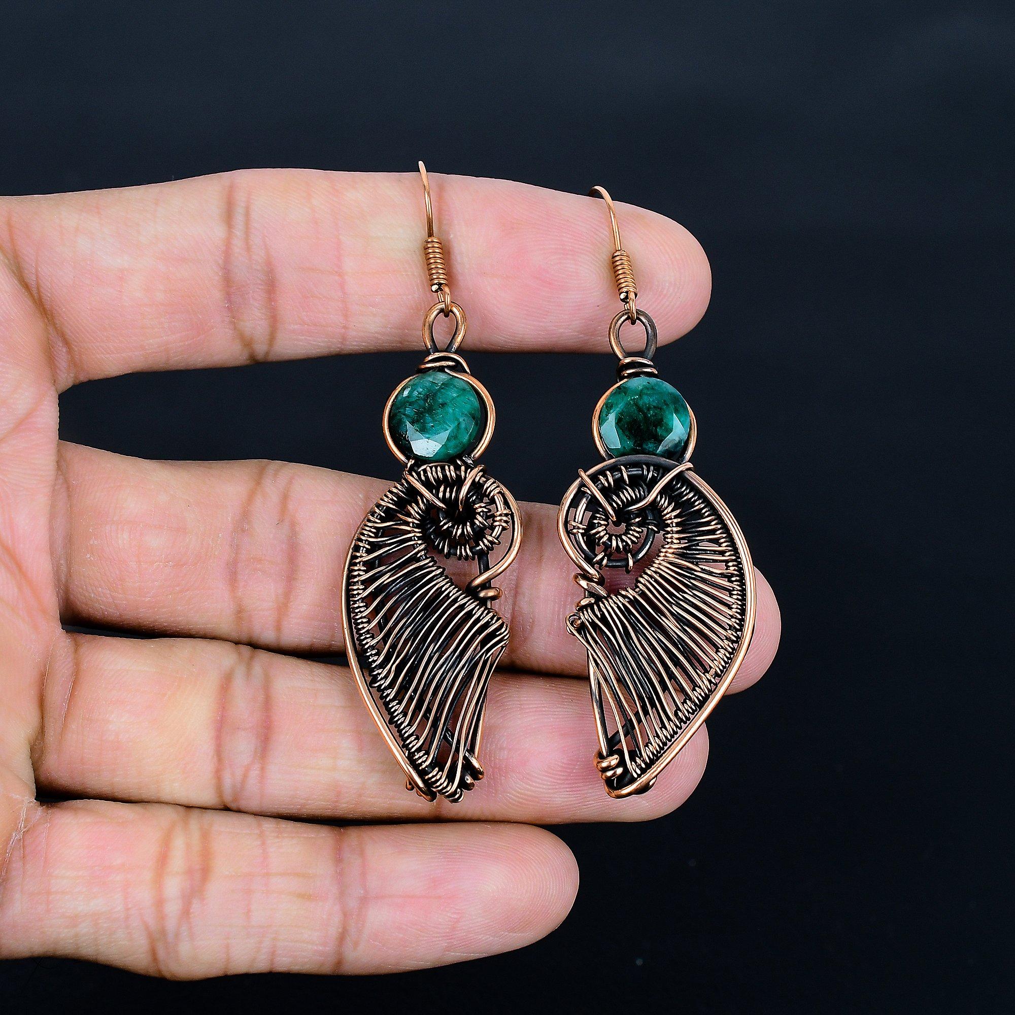 

Emerald 999 Copper Wire Wrapped Earrings, Handmade Gemstone Earrings, Gift For Mom Antique Jewelry 2.55 Inches