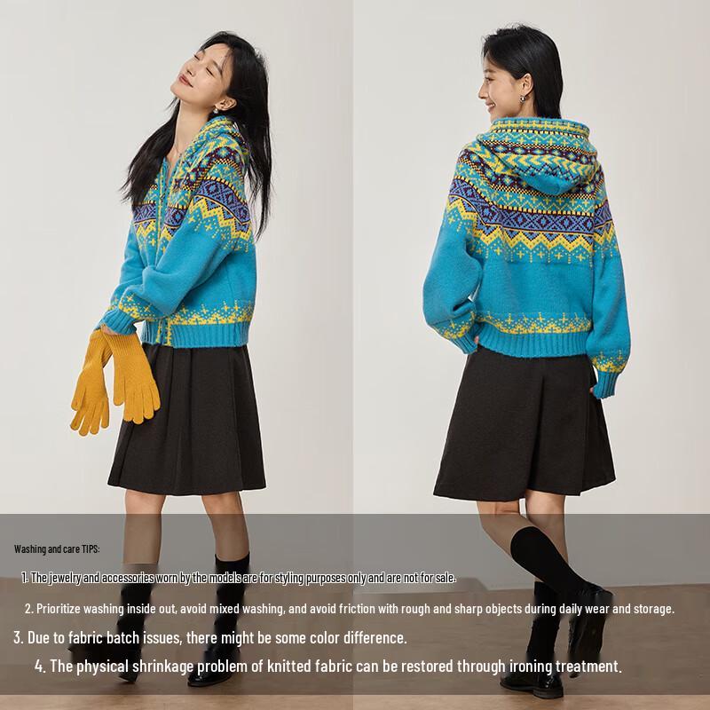 VICTORIA&VERA Women's Fair Isle Color Block Hooded Zipper Knit Sweater