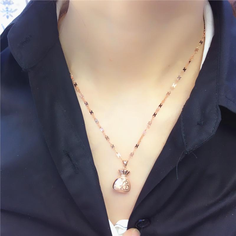 Purple Gold Lucky Bag Pendant, Simple And Fashionable, Personalized Retro Temperament Design, Rose Gold-Plated Chain.