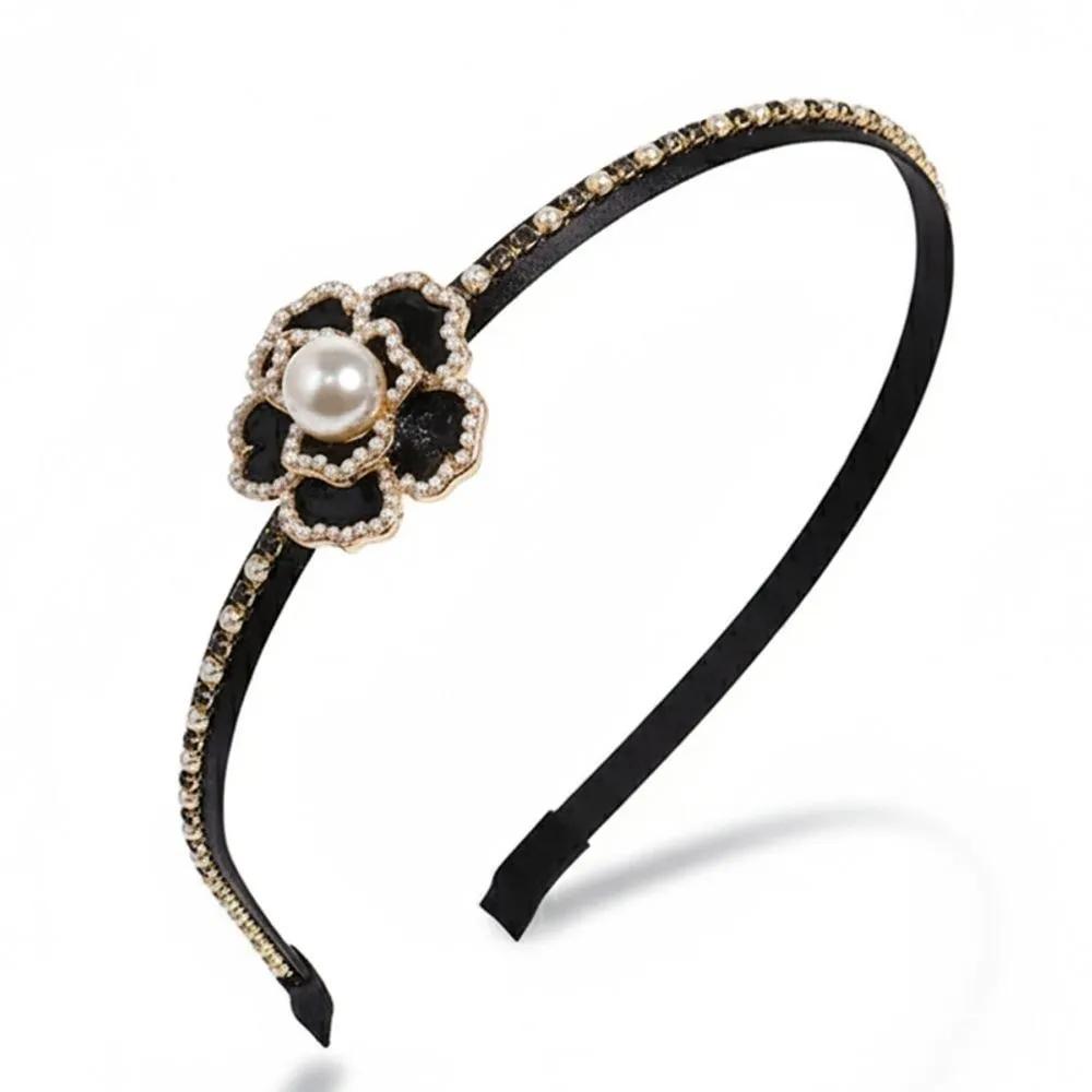 Classic Pearl Zirconia Royal Camellia Rose Headband Black Women s Headband Flower Crown Headband white