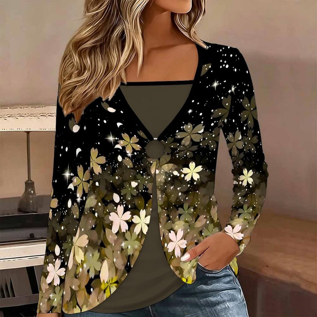 Tops for Women Floral Print Long Sleeve Fake Two‑Piece Top Fall Casual Slim Pullover Women's Long Sleeve Top