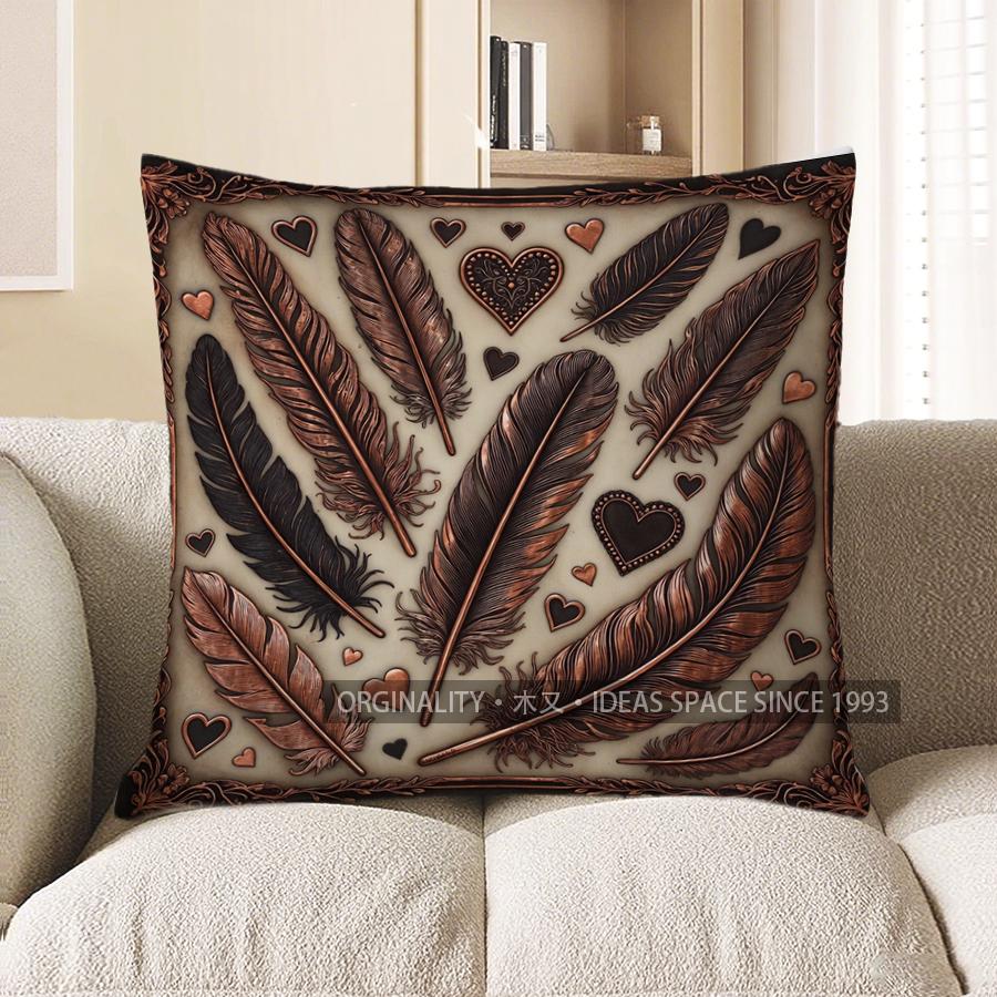 

2D Feathers & Hearts Decorative Pillow Covers Pattern Cushion Cover Suitable For Sofa Bedroom Car Pillow Cover 40x40cm