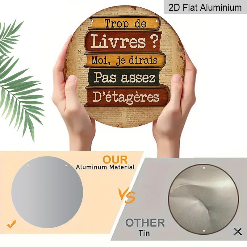 2D Flat, 1pc Round Aluminum Sign, Vintage Book Stack Design, Literary Metal Wall Art, Rustic Old Paper Background, Durable Indoor/Outdoor Decor for
