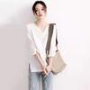 WTEMPO Spring Summer V-neck Embroidered Mixed Cotton Linen Shirts for Women White Seven Quarter Sleeve Loose Fitting Casual Tops