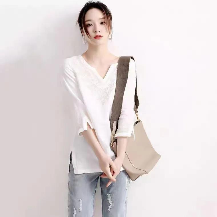 WTEMPO Spring Summer V-neck Embroidered Mixed Cotton Linen Shirts for Women White Seven Quarter Sleeve Loose Fitting Casual Tops