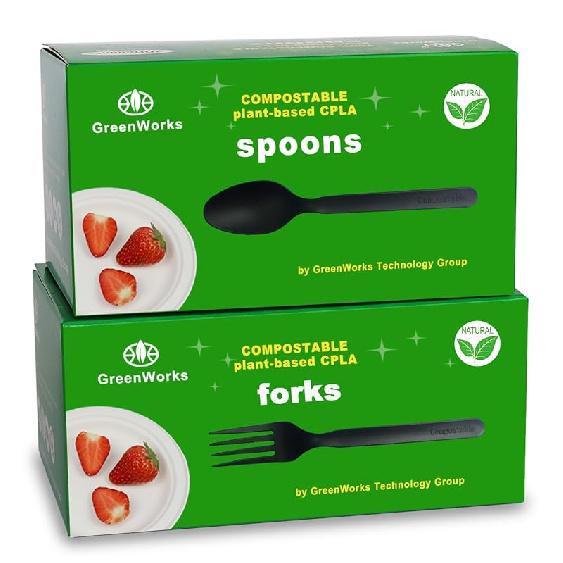 GreenWorks 200 Count Heavy-duty Compostable 100 Forks and 100 Spoons, BPI Certified,Large Cutlery Set,Alternative to Plastic Utensils