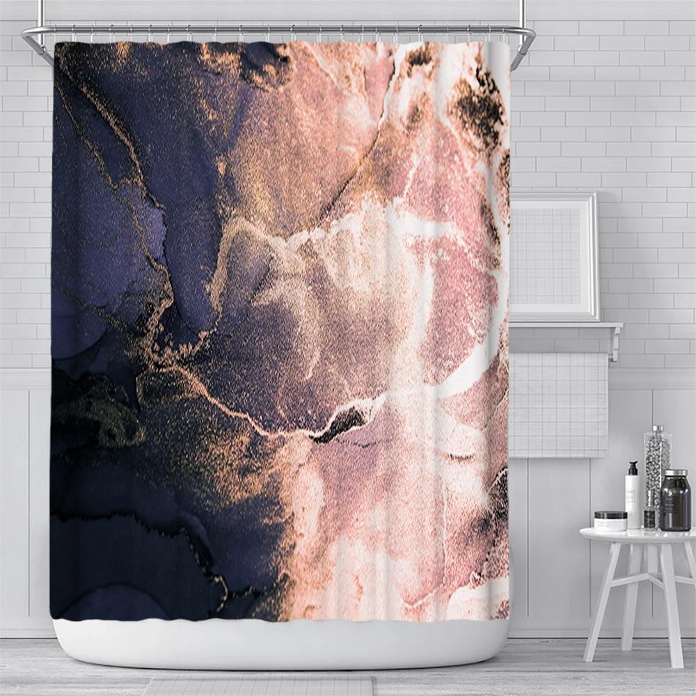 Abstract Navy Blue Gold Marble Shower Curtain Modern Luxury Golden Cracked Lines Fabric Bathroom Curtain Fashion Decor With Hook