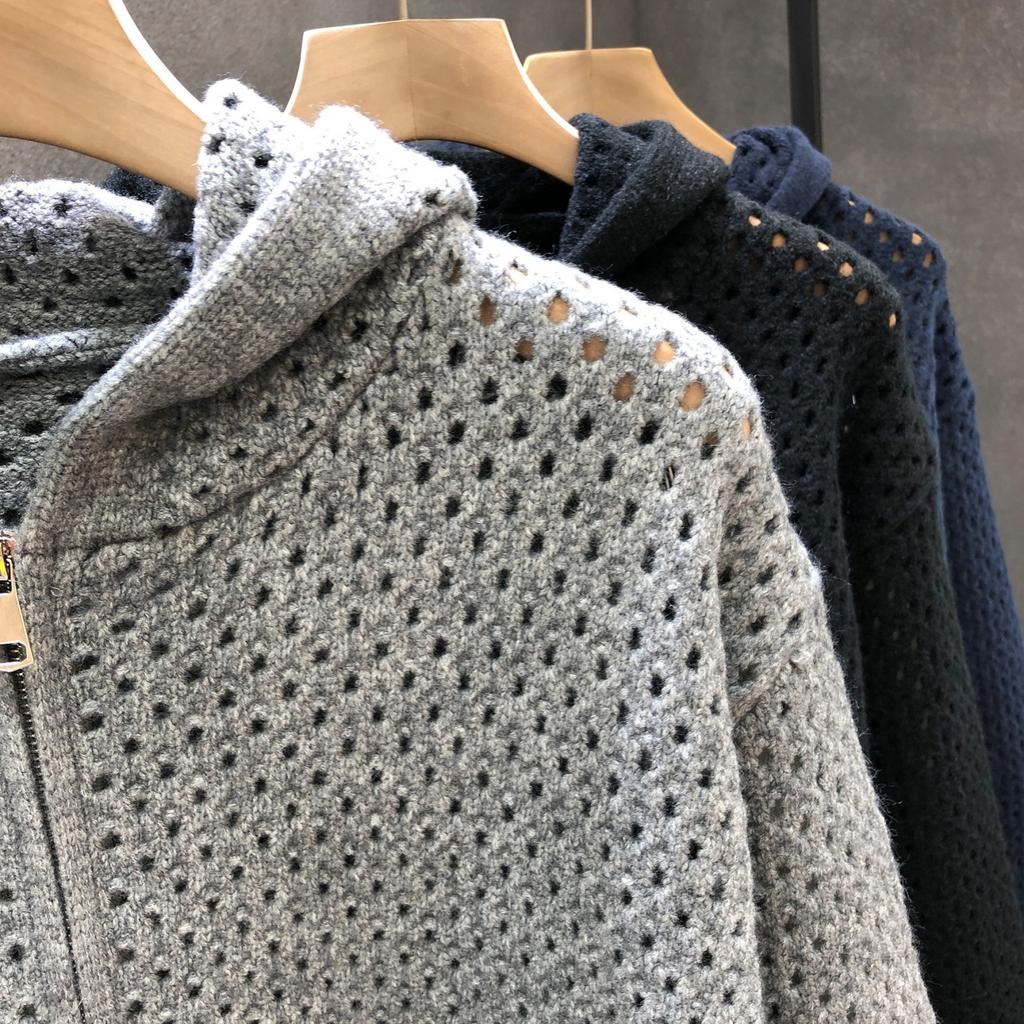 Men's Casual Solid-color Cutouted Hooded Cardigan Knitted Sweater Coat