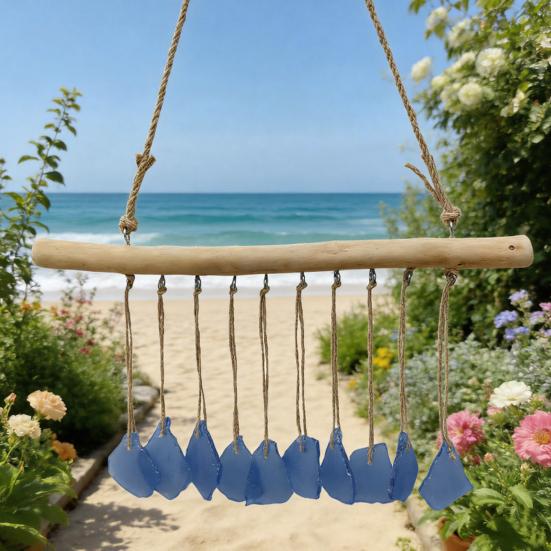 Handmade Sea Glass Wind Chimes for Outside Coastal Style Hanging Wind Chime with Wooden Hanger for Home Wall Garden Decor Gifts for Mom Women
