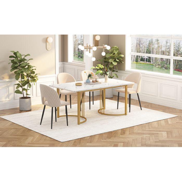 Eettafel - 140x80cm - Wit/goudkleurig marmer - Metalen frame - 6 personen