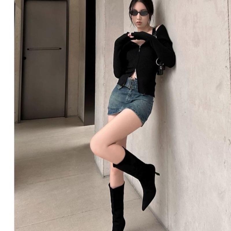 Women's Long Tube Boots Thick Legs Fine Heel Medium Heel Long Boots Non-Over Knee Flocked Velvet Pointed Toe Pile Boots Medium T