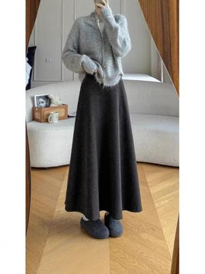 2026 Autumn/Winter High-Waisted Coffee Midi Skirt - Versatile A-line with a Slimming Large Hem Design