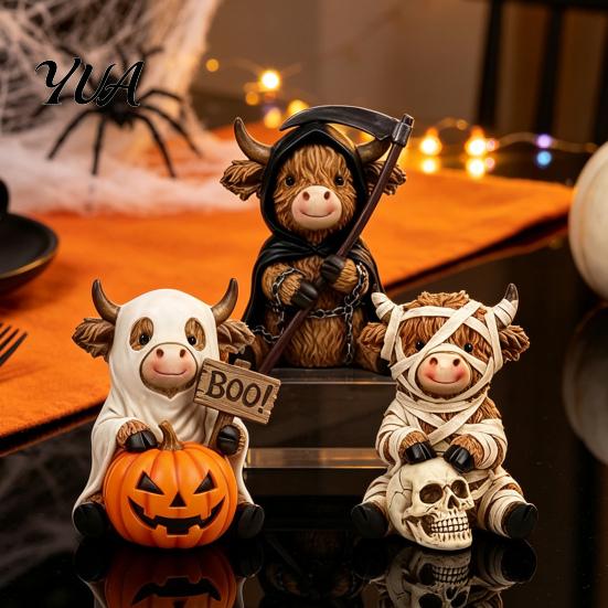 Gothic Style Gift for Lovers 3Pcs Halloween Highland Cow Figurines, Resin Cattle Statues of Grim Reaper, Matte Texture Animal Sculpture Mummy & Ghost,