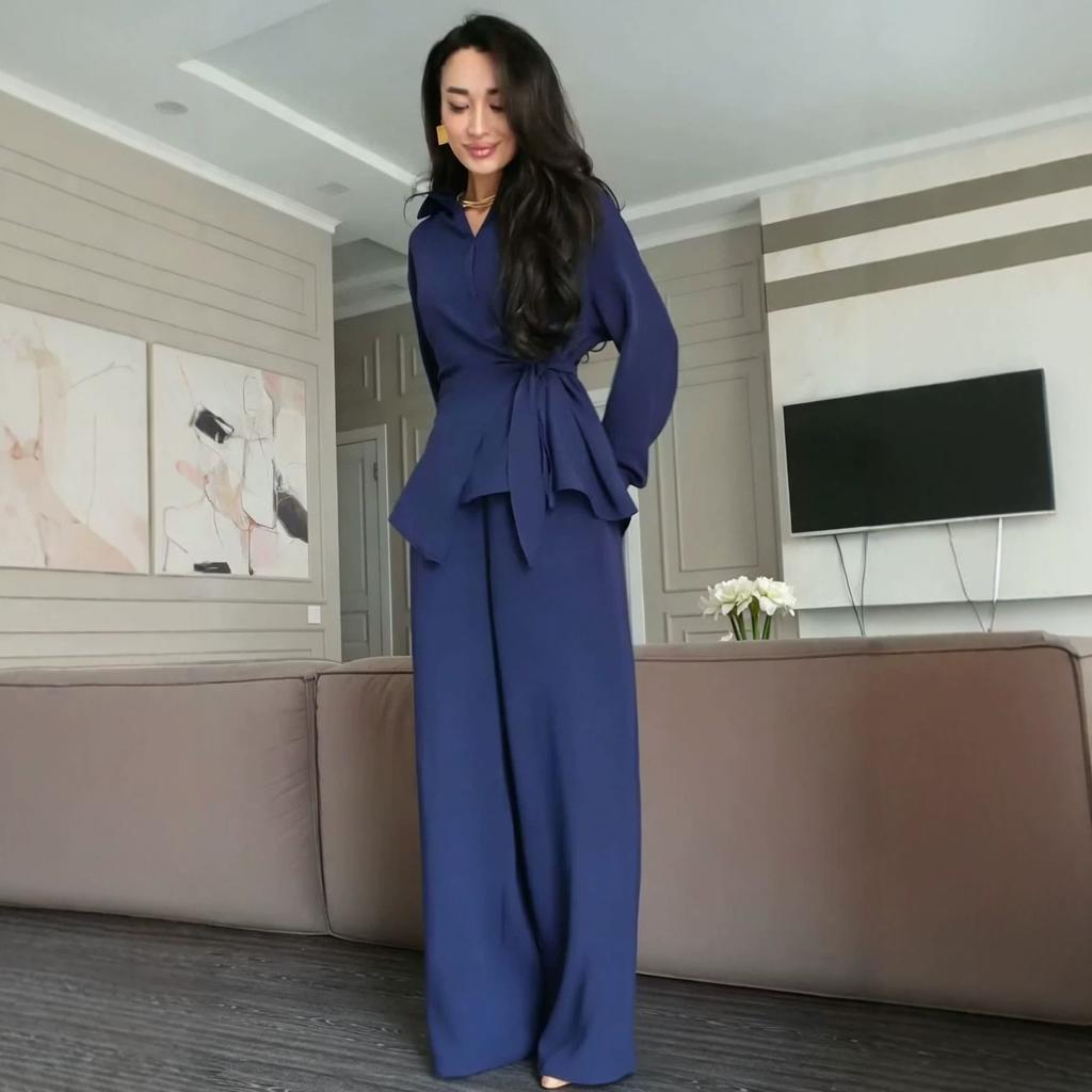 Cross-border Amazon foreign trade 2026 spring and autumn new European beautiful women shirt lace-up top casual wide-leg pants set
