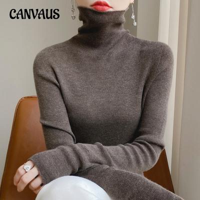 Herbst und Winter Damenpullover mit gestapeltem Kragen, einfarbig, verdickt unten oben, große Größe, hohe Stretch-Innenseite, Damen-Strickwaren