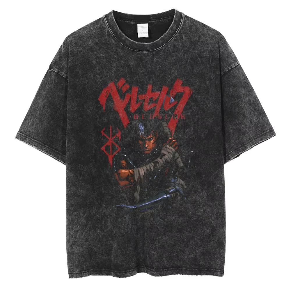 Berserk Anime Guts Charakter Vintage Gewaschenes Baumwoll-T-Shirt Retro Manga Grafik Sommer Kurzarm Locker Geschnittene Oberteile Für Männer Frauen Tägliche Freizeitkleidung
