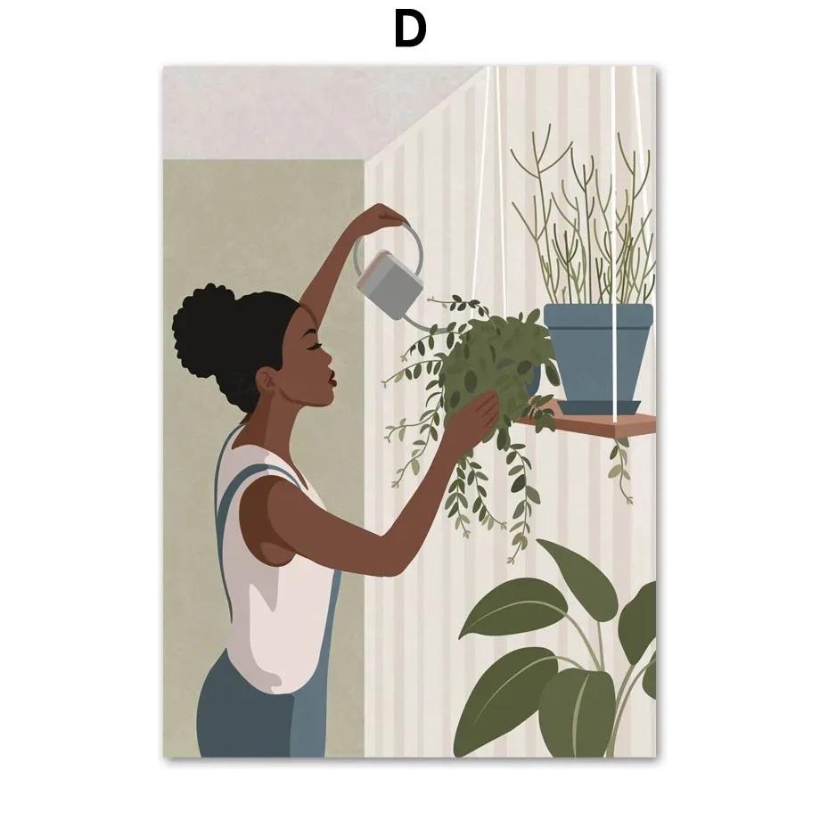 Abstract African Black Girl Swing Hand Flower Minimalist Wall Art Canvas Painting Posters for Living Room Modern Home Decor