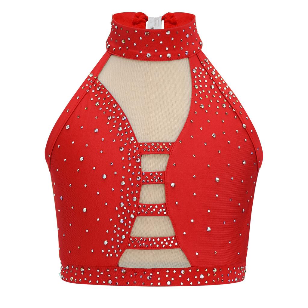 Girls Latin Dance Crop Top Halter Sleeveless Crisscross Back Mesh Patchwork Sparkling Rhinestones Vest