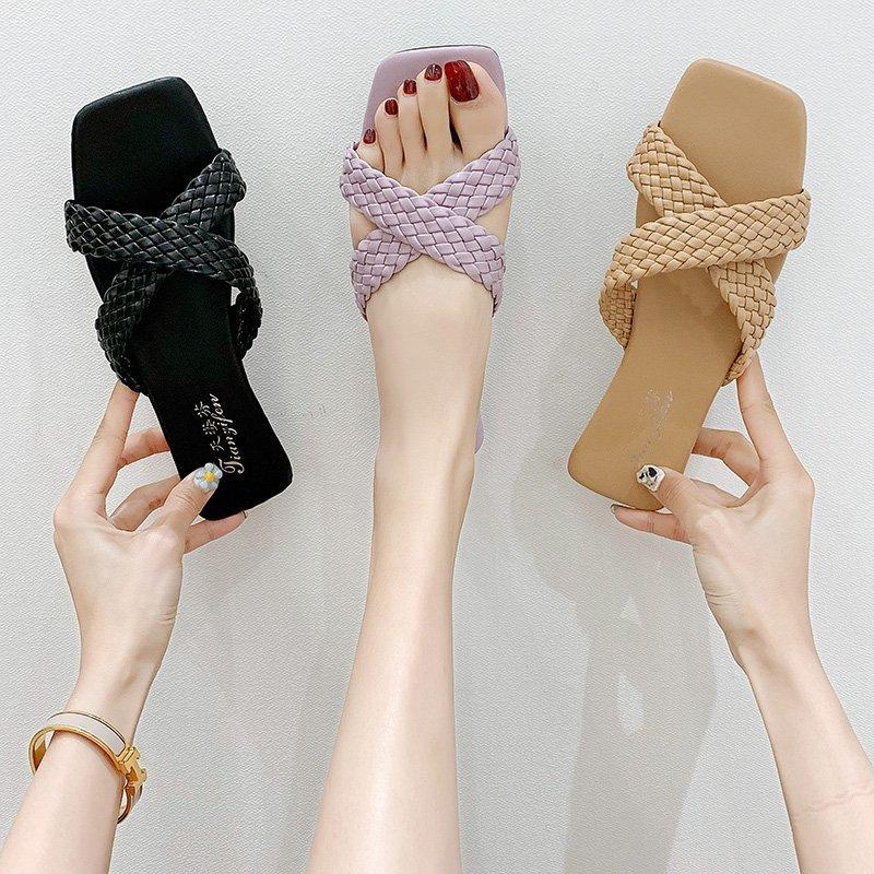 Slippers women's summer outer wear ins tide 2021 new fashion Korean version woven cross flat bottom one word cool slippers